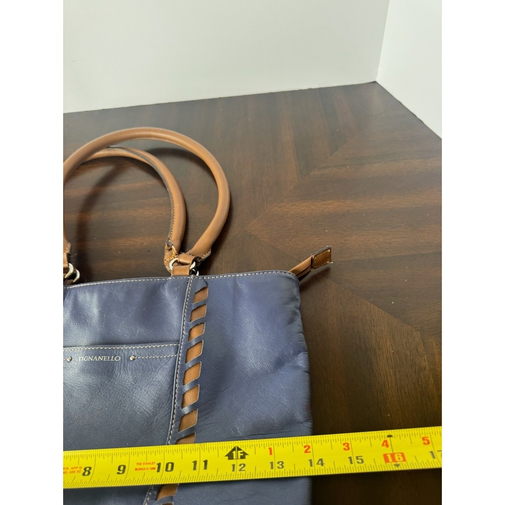 Tignanello Leather Tote Bag Navy‎ Blue Brown Shoulder Handbag Large - Picture 11 of 13